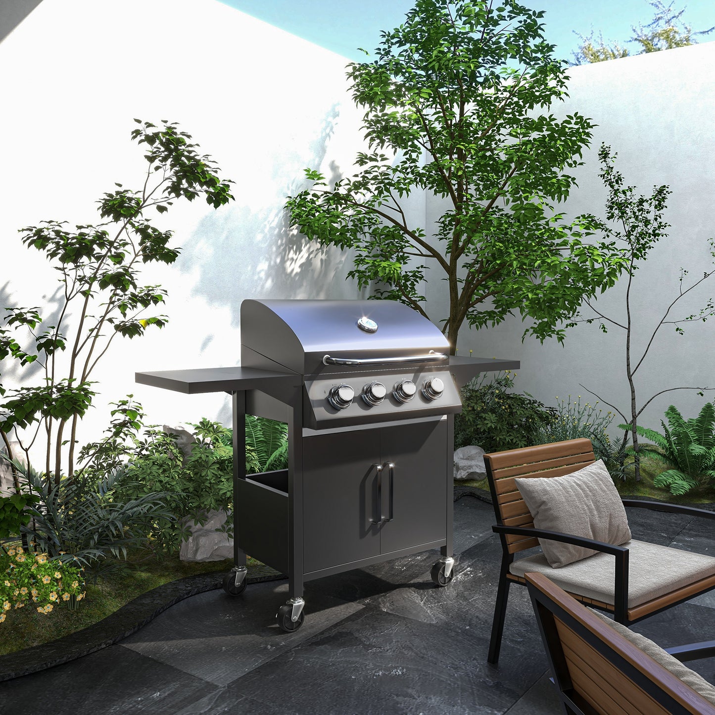 Outsunny 4 Burner Gas BBQ Grill Outdoor Portable Barbecue Trolley w/ Warming Rack, Side Shelves, Storage Cabinet, Thermometer-8
