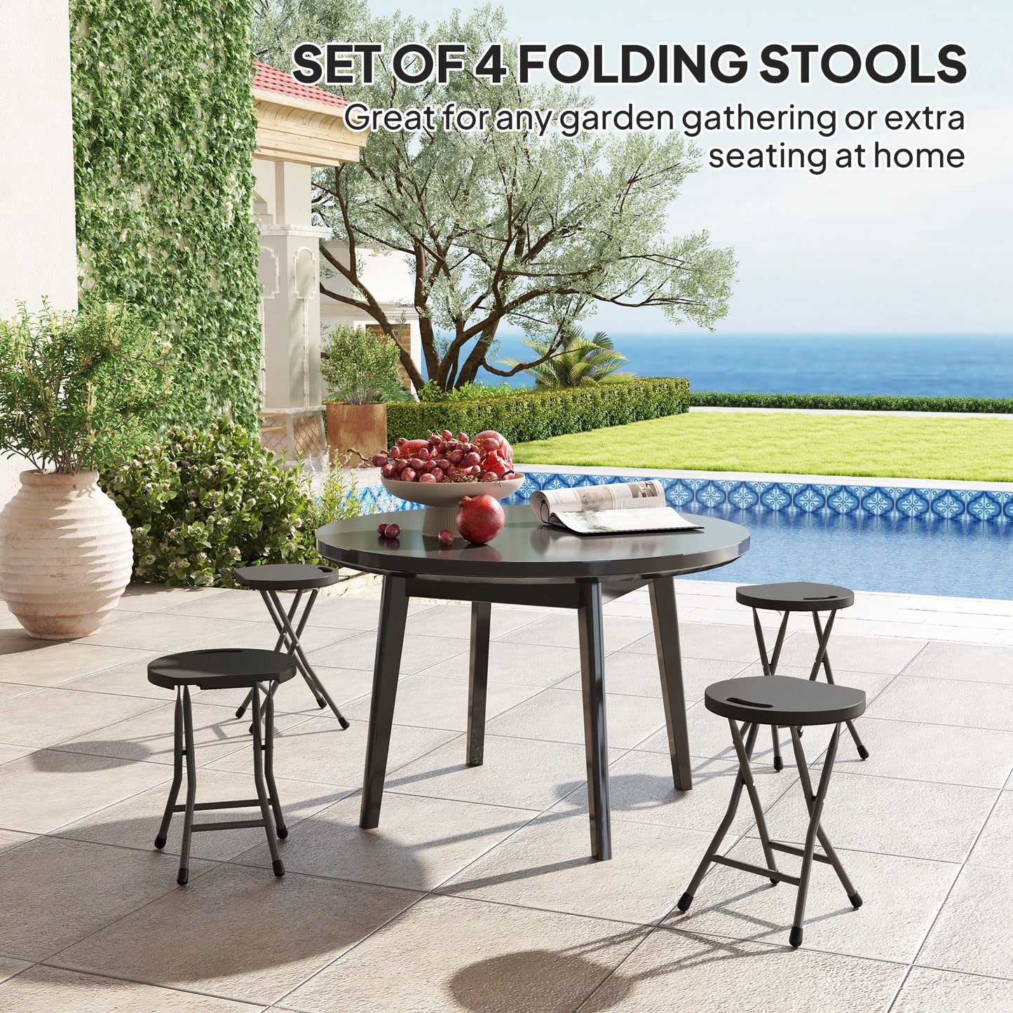Set of Four Folding Carry Stools with Powder-Coated Steel Legs - Charcoal Grey-3