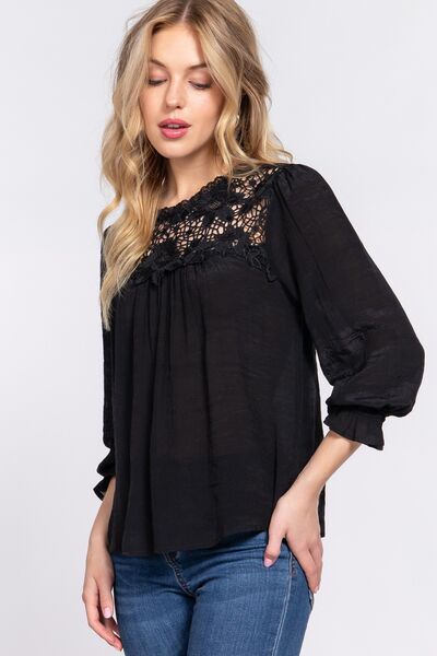 ACTIVE BASIC Crochet Lace Panel Flounce Sleeve Blouse-3