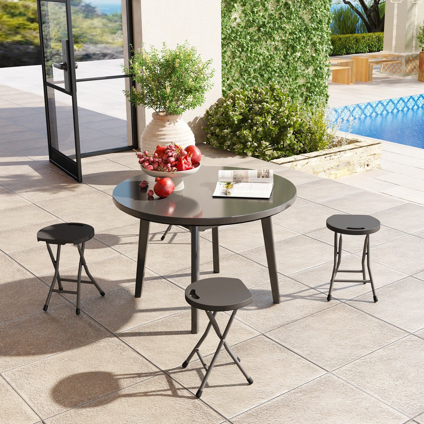 Set of Four Folding Carry Stools with Powder-Coated Steel Legs - Charcoal Grey-1