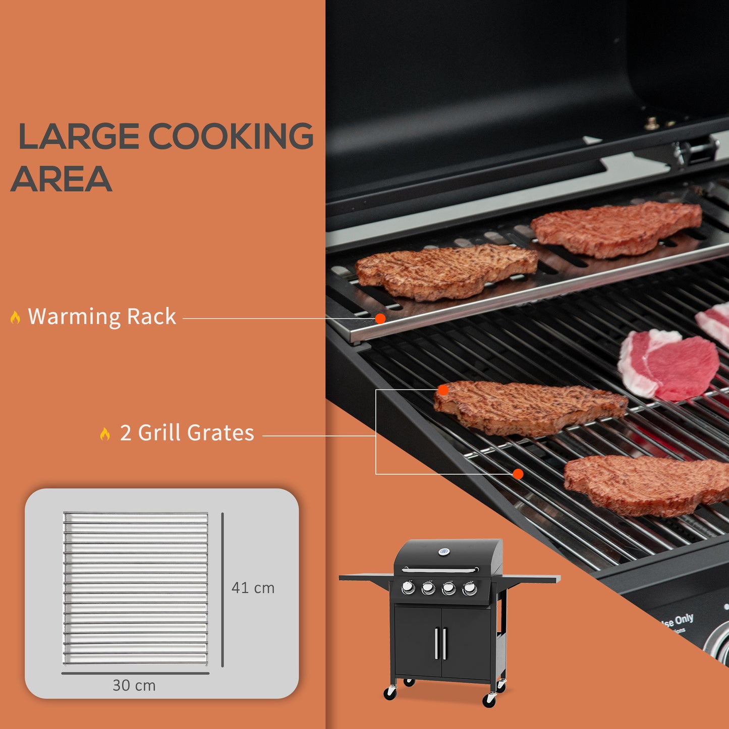 Outsunny 4 Burner Gas BBQ Grill Outdoor Portable Barbecue Trolley w/ Warming Rack, Side Shelves, Storage Cabinet, Thermometer-2