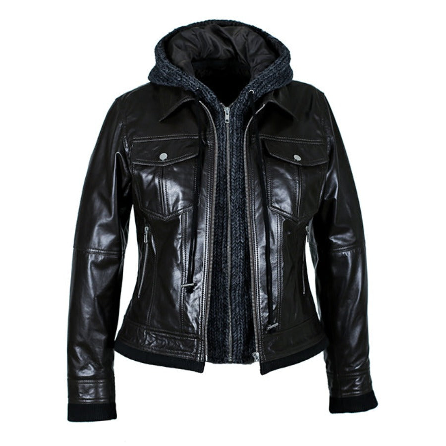 Riley Womens Wax Leather Jacket with Hoody-6