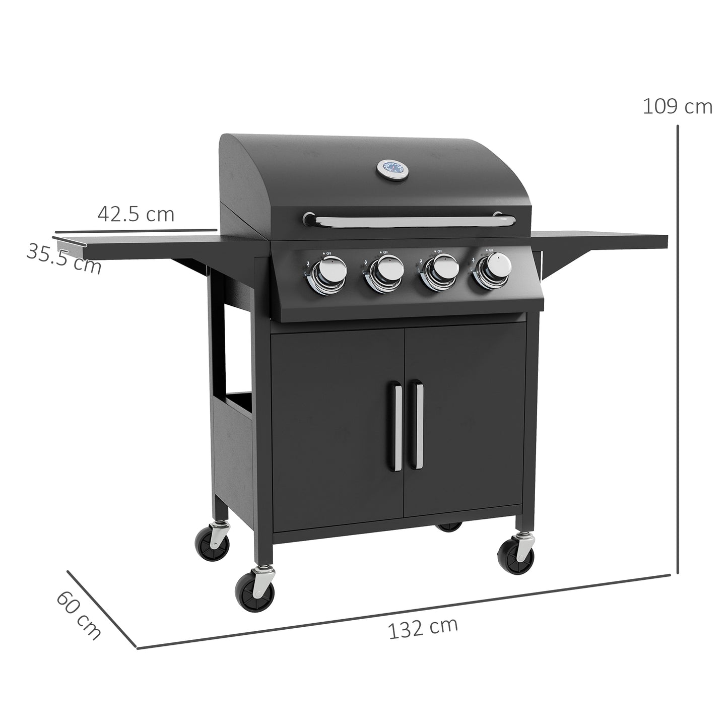 Outsunny 4 Burner Gas BBQ Grill Outdoor Portable Barbecue Trolley w/ Warming Rack, Side Shelves, Storage Cabinet, Thermometer-1
