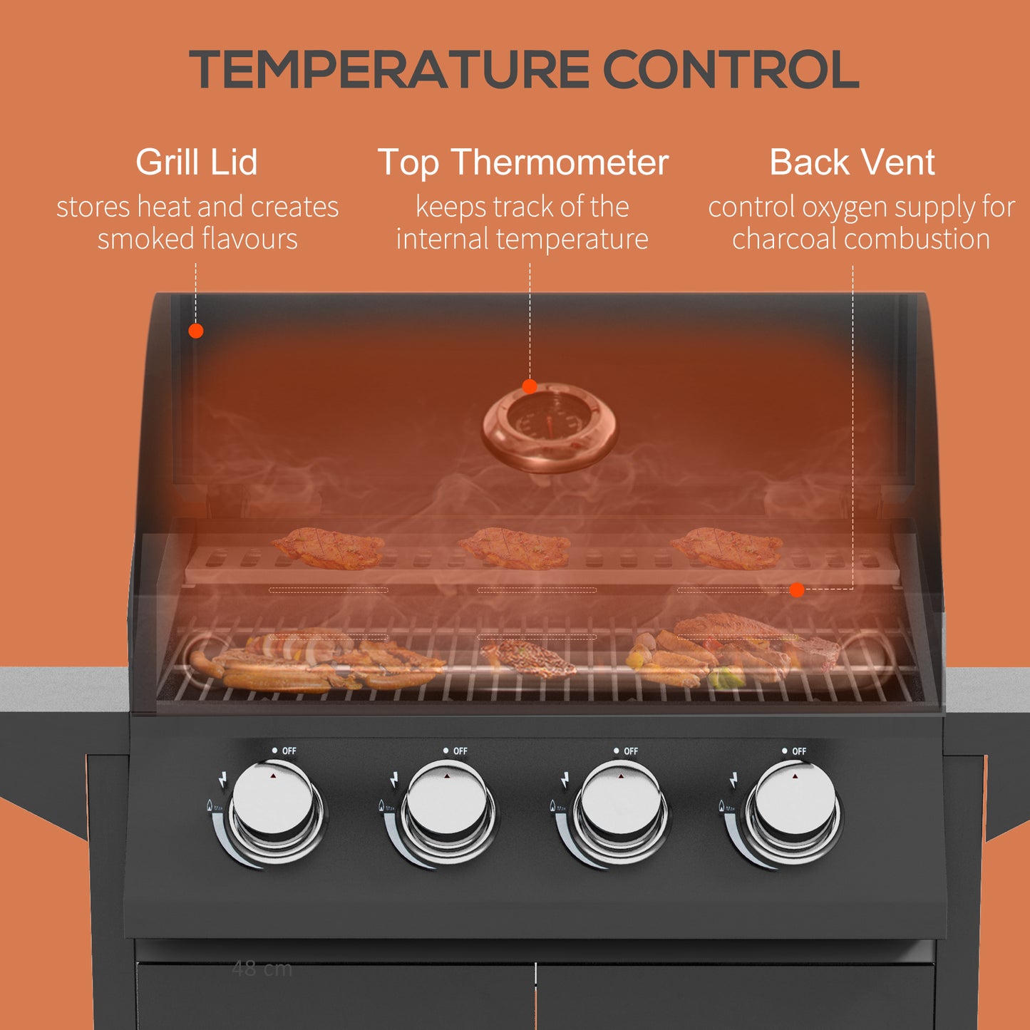 Outsunny 4 Burner Gas BBQ Grill Outdoor Portable Barbecue Trolley w/ Warming Rack, Side Shelves, Storage Cabinet, Thermometer-3