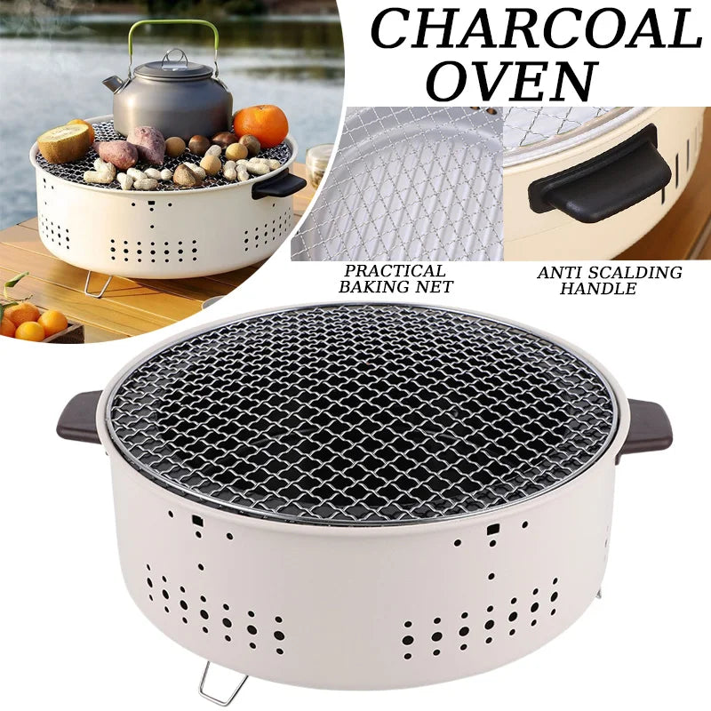 Round Charcoal BBQ Grill Stove White-2