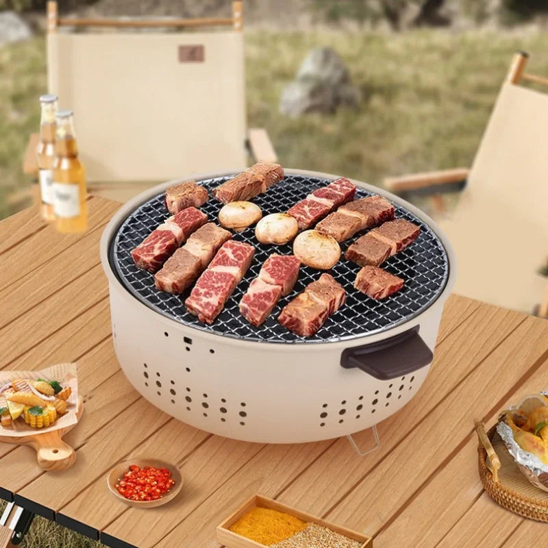 Round Charcoal BBQ Grill Stove White-4