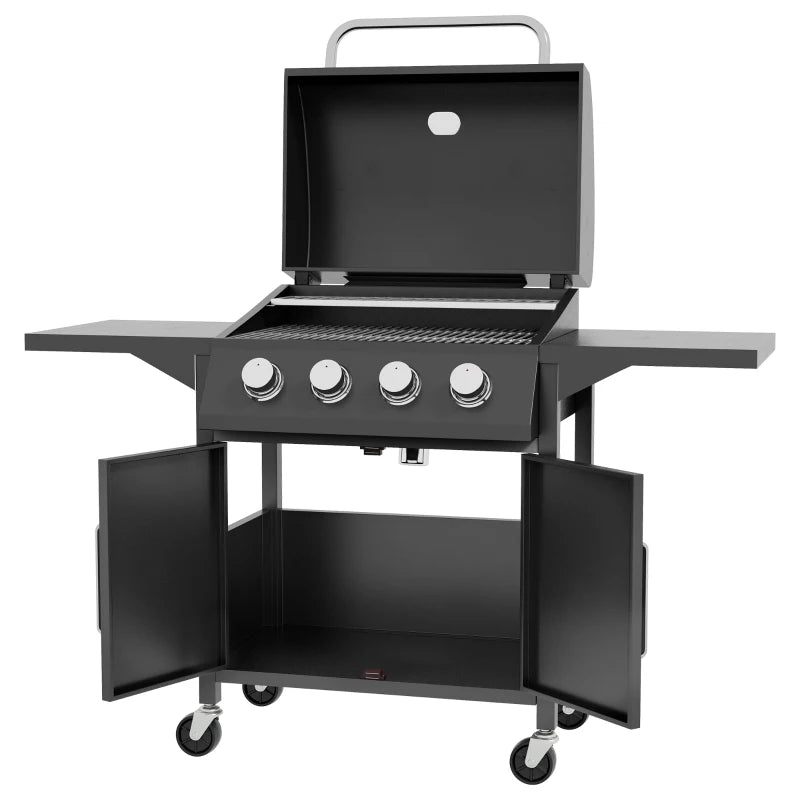 Outsunny 4 Burner Gas BBQ Grill Outdoor Portable Barbecue Trolley w/ Warming Rack, Side Shelves, Storage Cabinet, Thermometer-0