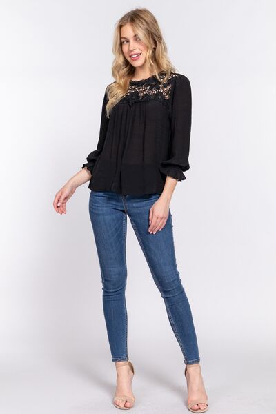 ACTIVE BASIC Crochet Lace Panel Flounce Sleeve Blouse-2