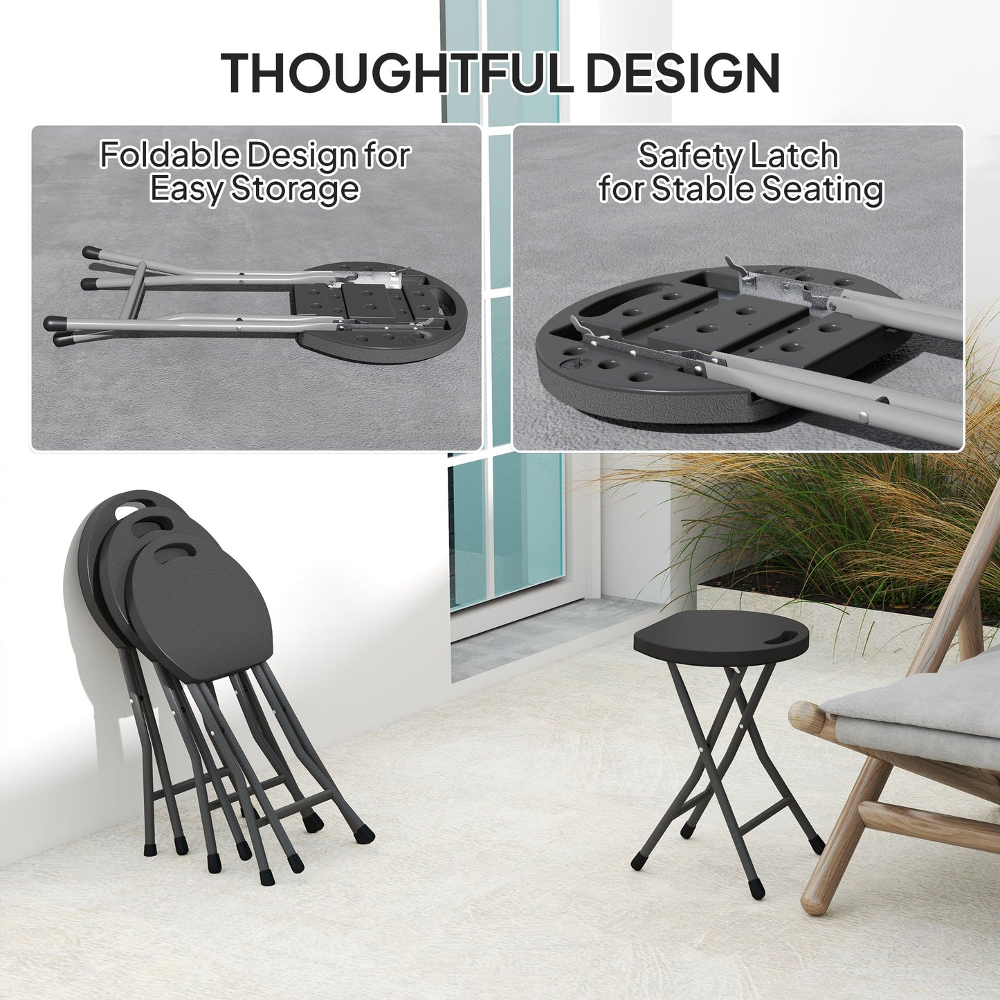 Set of Four Folding Carry Stools with Powder-Coated Steel Legs - Charcoal Grey-4