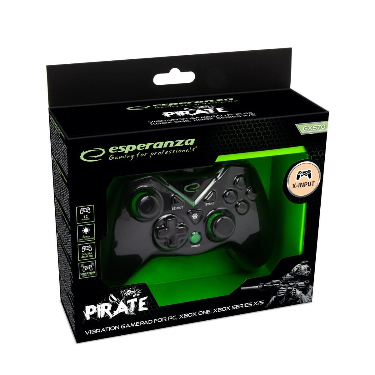 Gaming Control Esperanza Pirate EGG114K USB 2.0 Black Green Microsoft Xbox One PC Xbox Series X Xbox Series S-2