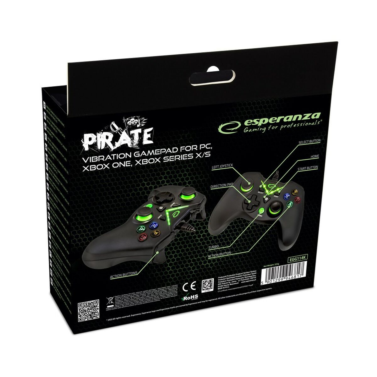 Gaming Control Esperanza Pirate EGG114K USB 2.0 Black Green Microsoft Xbox One PC Xbox Series X Xbox Series S-1