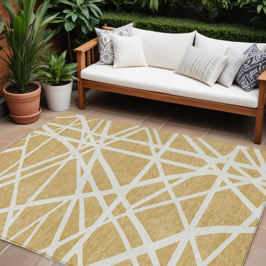 10' X 14' Gold And Ivory Geometric Washable Indoor Outdoor Area Rug-0