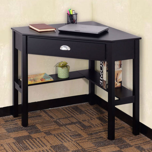 Corner Black Wood Computer Desk with Drawer-0