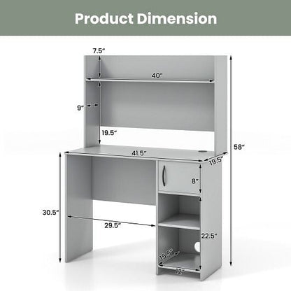 Home Office Desk with Raised Display Shelf and 2 Open Shelves-Gray-3