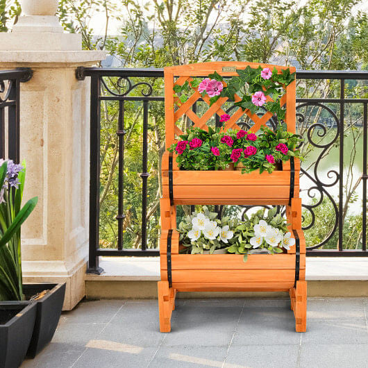 2-Tier Raised Garden Bed with 2 Cylindrical Planter Boxes and Trellis-Orange-0