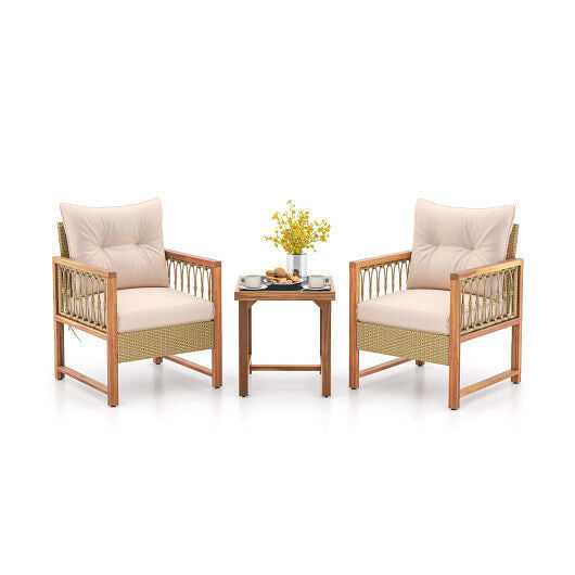 3 Pieces Patio Furniture Set with Acacia Wood Frame Cushions-Brown-0