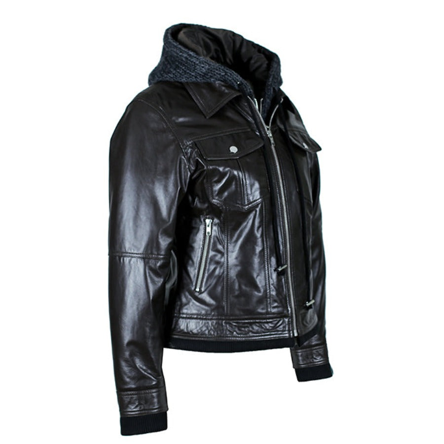 Riley Womens Wax Leather Jacket with Hoody-7