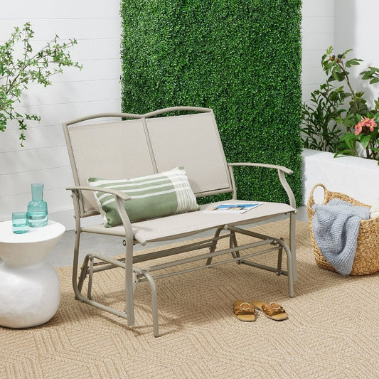 2 Seat Mesh Patio Loveseat Swing Glider Rocker with Armrests in Taupe-0