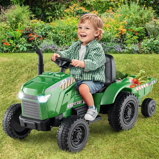 12V 2-in-1 Kids Ride On Tractor with Trailer and 3-Gear Shift-Grayish Green-0