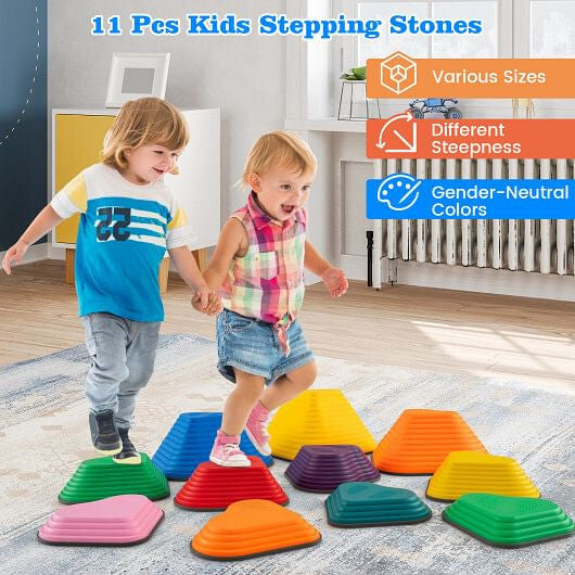 11 Pieces Kids Stepping Stones Stackable Balance Blocks Indoor Outdoor-Multicolor-0