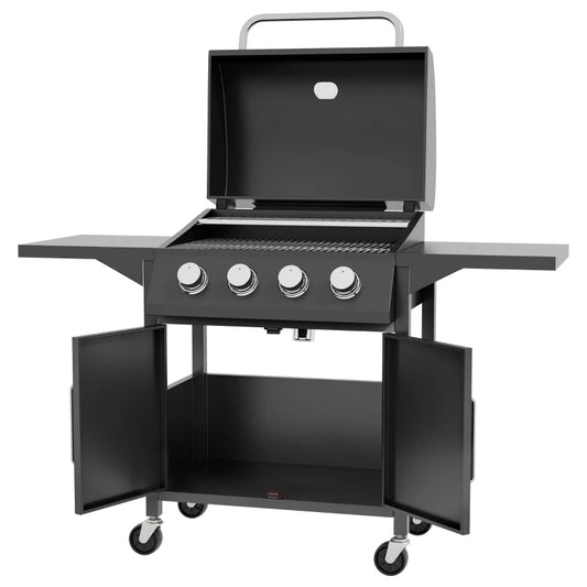Outsunny 4 Burner Gas BBQ Grill Outdoor Portable Barbecue Trolley w/ Warming Rack, Side Shelves, Storage Cabinet, Thermometer-0