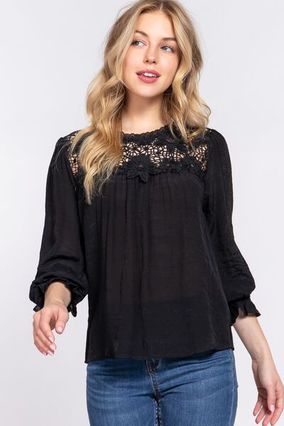 ACTIVE BASIC Crochet Lace Panel Flounce Sleeve Blouse-0