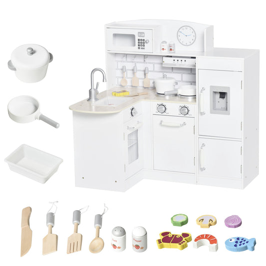 14 Piece Wooden Kids Play Kitchen Set with Fridge and Microwave White-0